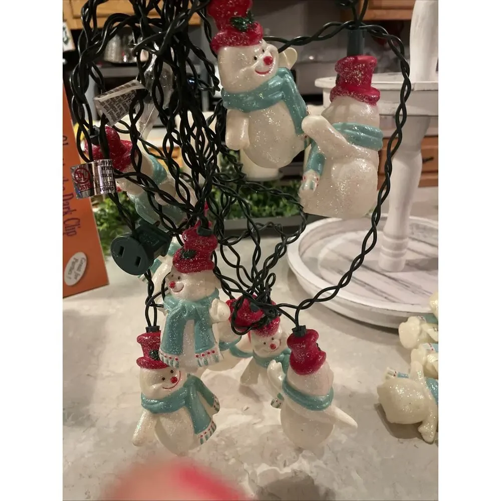 Vintage 10Pc 3.5” Snowman Blow Mold String Lights ..Lights Tested Works